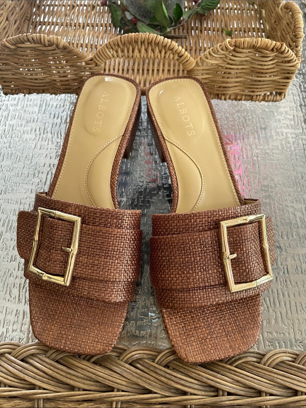 Talbots Brown Woven Slide Sandals with Gold Buckles - Picture 3 of 6